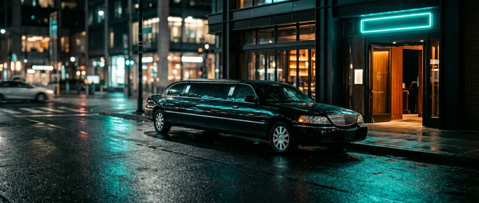 Schwarze Limousine bei Nacht vor beleuchtetem Bar-Eingang